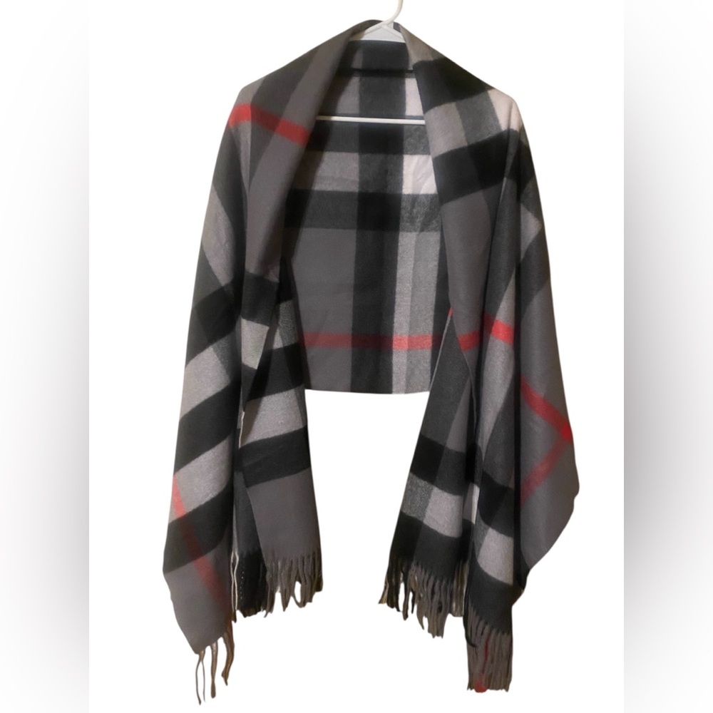 Sky Cashmere 100% Virgin Wool Scarf 26”X78” Fringe Beige Black Red Plaid Luxury - Picture 10 of 15